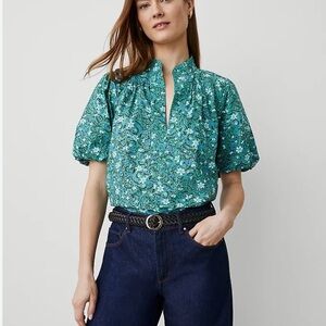 Ann Taylor Floral Green Puff Sleeve Popover Blouse XXL Plus Size 100% Cotton
